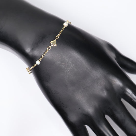 14K YG Little Clovers With Pearls Bracelet / 2.5gr / 1.5mm - 6in /