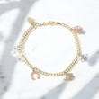 14K Three Colour Gold American Cuban Link Anklet With Charms / 11.3gr / 4.7mm / 10in