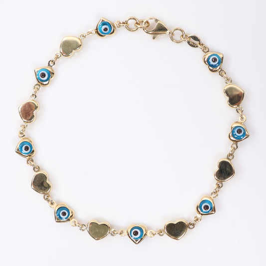 14K YG Little Hearts - Eyes Turkish Bracelet / 3.4gr / 5.5mm / 7.5in /