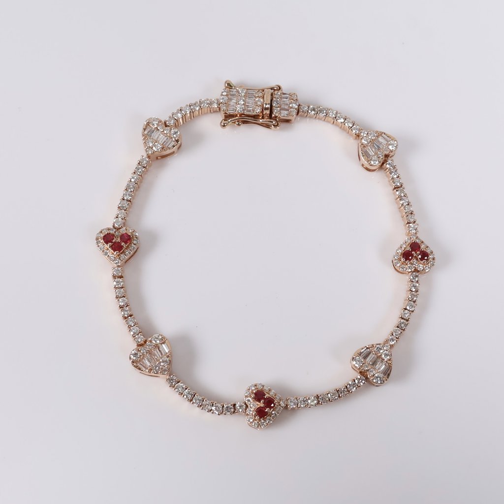 14K RG Diamond Heart-Tennis With Ruby Bracelet / 12.5gr / 2.2mm / 7in / 2.75Ct / VS2 / G-H / 0.40Ct Ruby