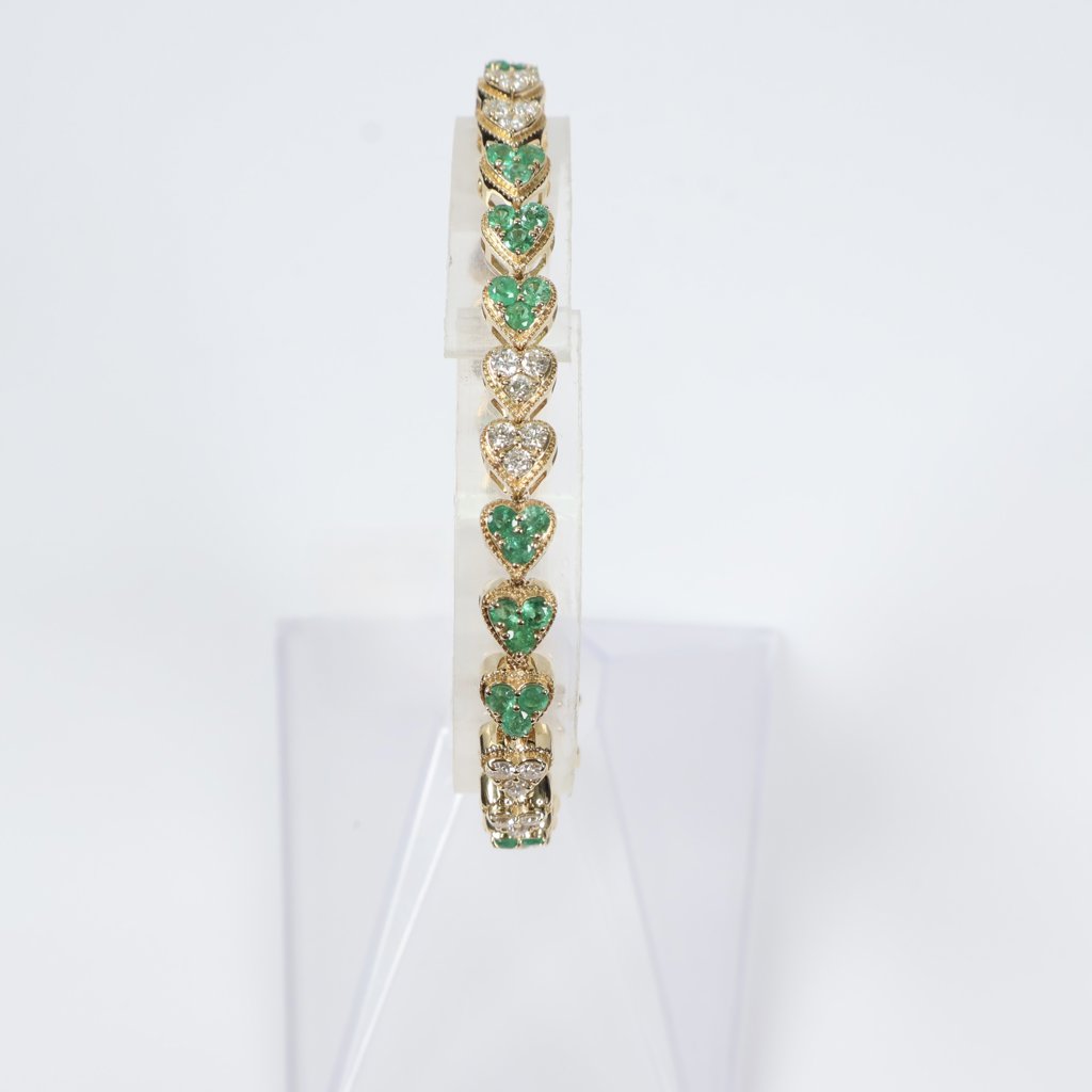14K YG Diamond Heart With Emerald Bracelet / 14.8gr / 6mm / 7in / 1.65Ct / VS2-SI / G-H - 2.61Ct Eme