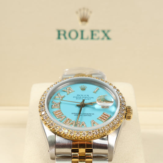 Rolex DateJust Tiffany Face Dia Dial Roman Numbers - Diamond Bezel Ref 16013 Watch / 36mm /