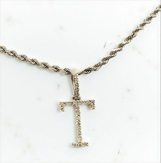 Letter T Pendant 10K White Gold With Diamond / 1.8gr