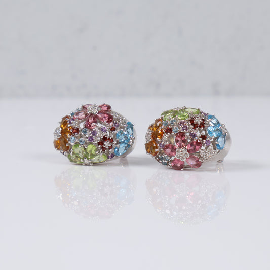 14K White Gold Colorful Flowers Stud Earrings / 13.7gr