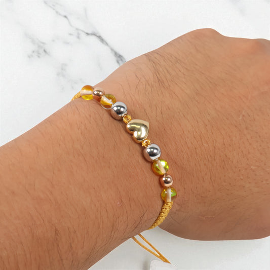 18K 3 Tone Heart-Smooth Balls Bracelet Tejido / 1.36gr / Adjustable /