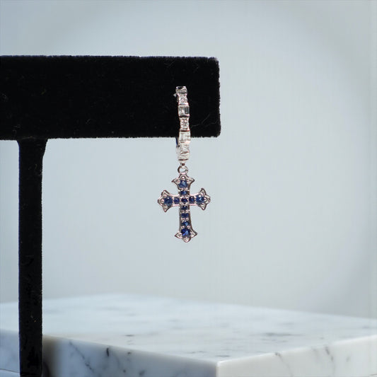 14K WG Diamond Cross - Blue Diamond Hoop Earrings / 3gr /  / D-0.25Ct