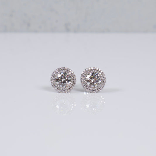 14K WG Lab Diamond Halo Round Brilliant Cut Stud Earrings / 2.96gr / 11mm / 2.50 CTTW Lab VS / E-F