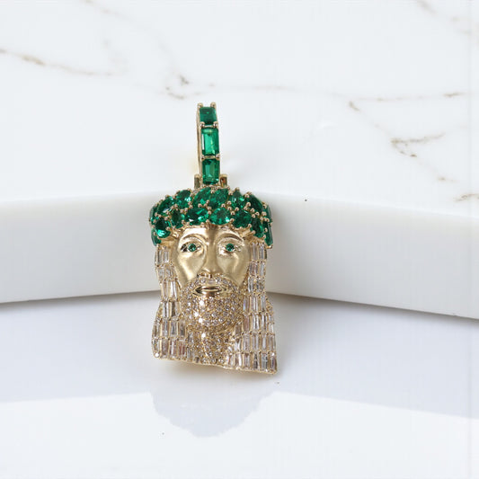 10K YG Diamond Jesus Face With Emerald Pendant / 11.32gr / 2in / Eme-3.25Ct / D-1.75Ct