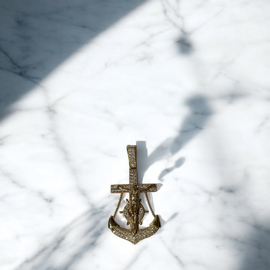 14K Yellow Gold Cross/Jesus Anchor Pendant With Zircons / 5.3gr / 2.5in