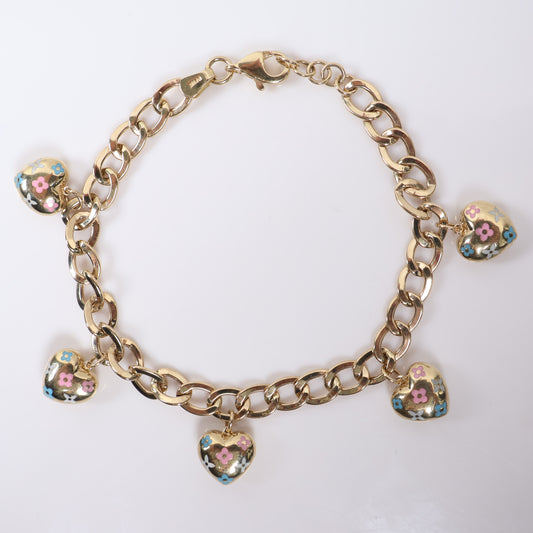 14K YG American Cuban Links With Hearts Bracelet / 11.1gr / 5.7mm / 7.5in /