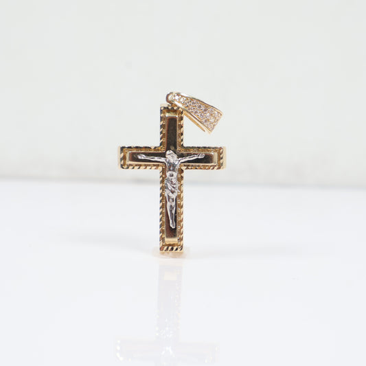 14K 2 Tone  Crusifix Pendant / 4.55gr / 1.3in / White Zircons