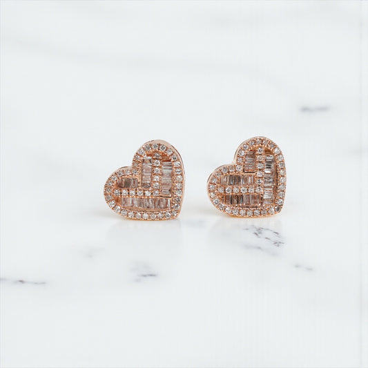 10K RG Diamond Heart Stud Earrings / 2.96gr / 10mm / D 0.45Ct