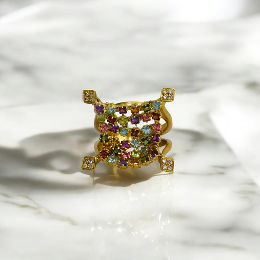 Mesh Ring 18K Yellow Gold With Diamonds-Colorstone / 9.4gr / Size 8