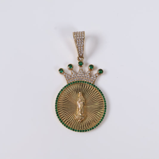 Virgen Maria Crown Pendant 10K Yellow Gold With Zirconia / 9.6gr