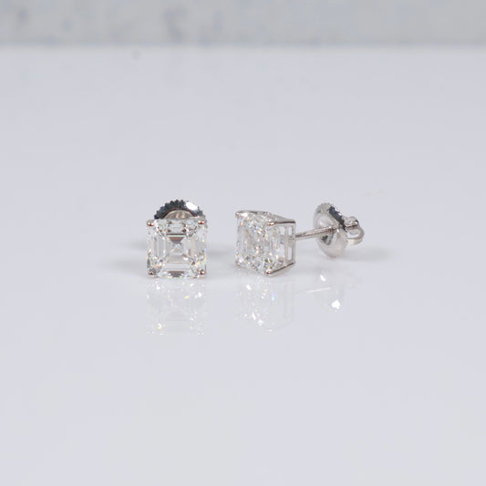 14K WG Lab Diamond Asscher Cut Stud Earrings / 1.40gr / 6mm / 3 CTTW Lab VS / E-F