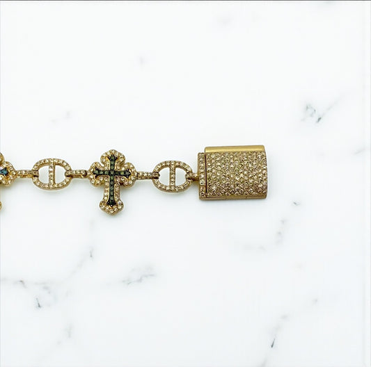 10K Yellow Gold Diamond Crosses Multicolor Chain 7.96Ct Lab Dia / 45gr / 7mm / 22in