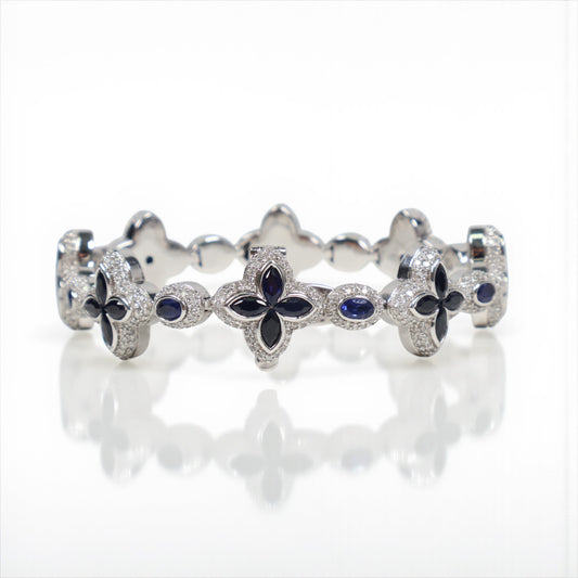 10K WG Diamond Clovers With Sapphire Bracelet / 43.4gr / 17mm / 8in / S-11.63Ct / D-6Ct