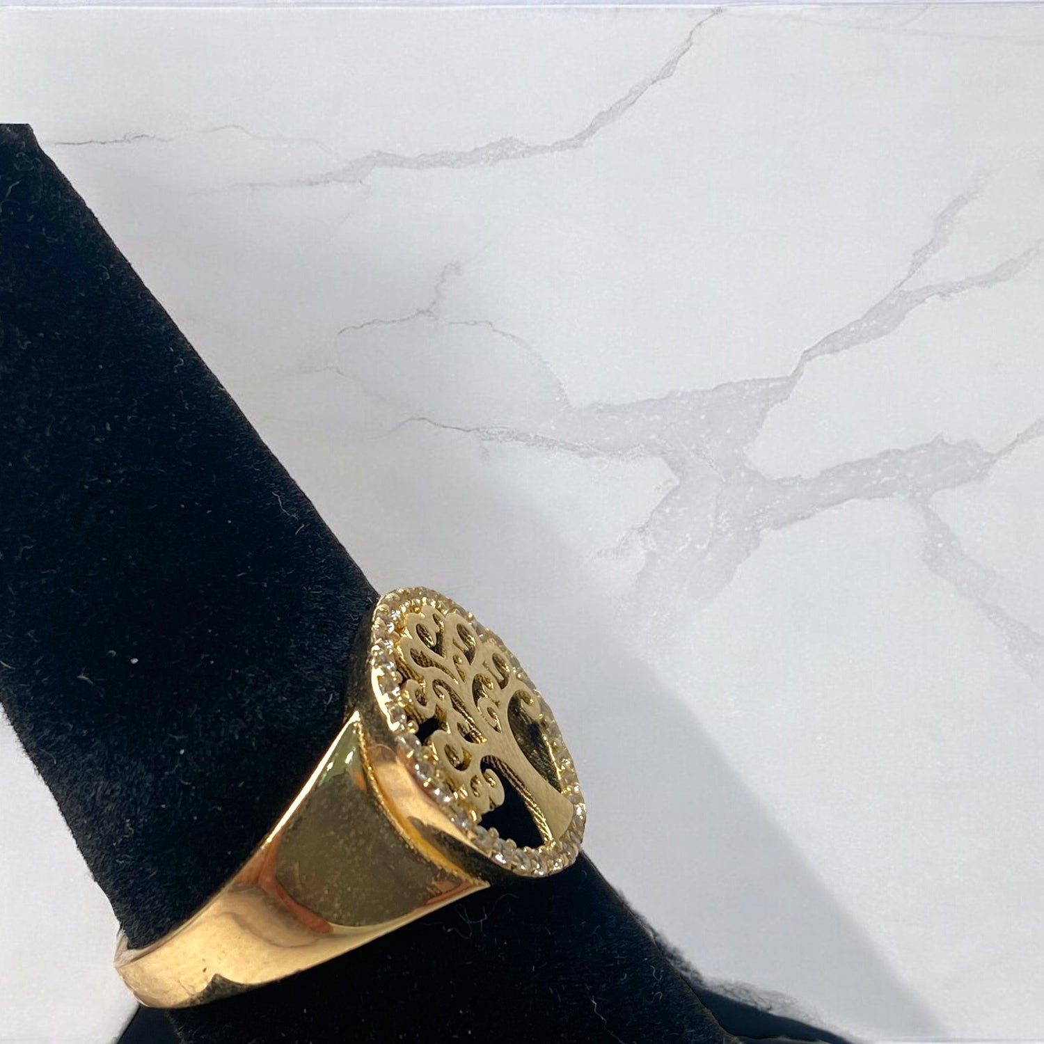 14K Yellow Gold Tree Ring With Zirconia / 2.6gr / Size 7