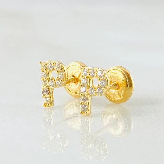 18K Yellow Gold Letter P Stud Earrings With Zircons / 0.65gr / 6mm