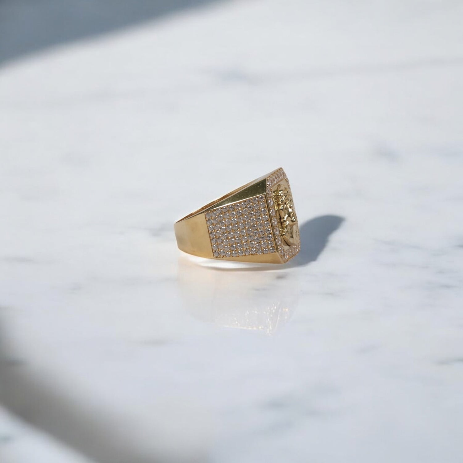 14K YG Jesus Face Rings / 8.5gr / Sz 10 / White Zircons
