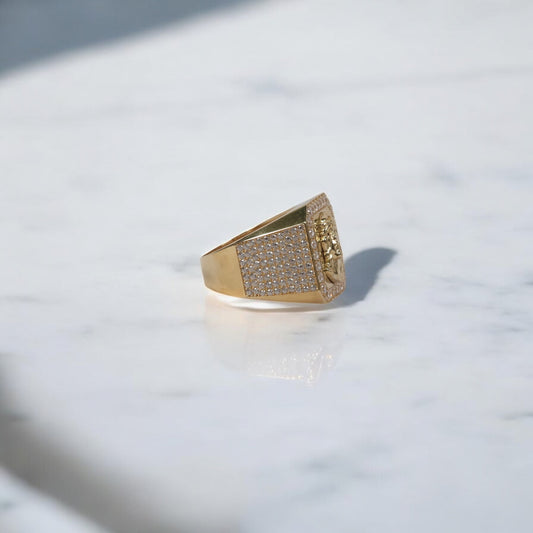 14K YG Jesus Face Rings / 8.5gr / Sz 10 / White Zircons