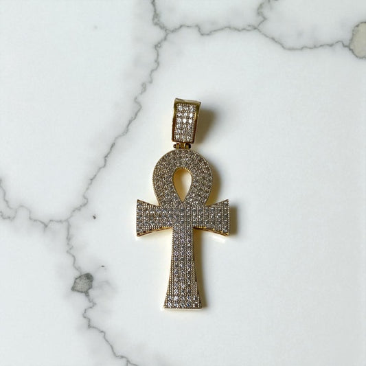 10K Yellow Gold Egyptian Cross Pendant With Zircons / 6gr / 2in