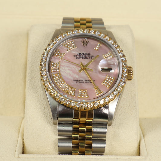 Rolex Datejust MOP Pink Dia Dial Roman Numbers - Diamond Bezel Ref 16013 Watch / 36mm /