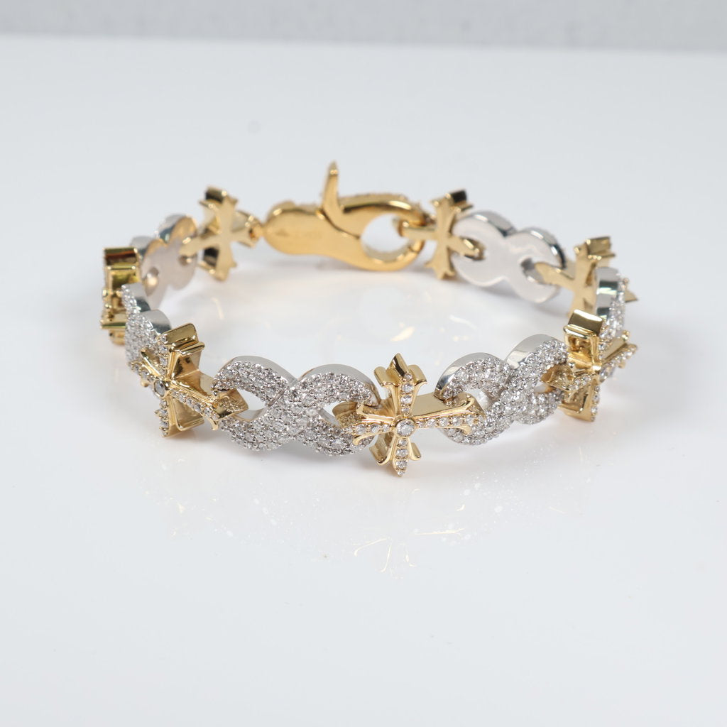 10K 2 Tone Diamond Cross-Infinite Bracelet / 37.7gr / 12mm / 8.5in / 8.73Ct / VS2-SI / G-H