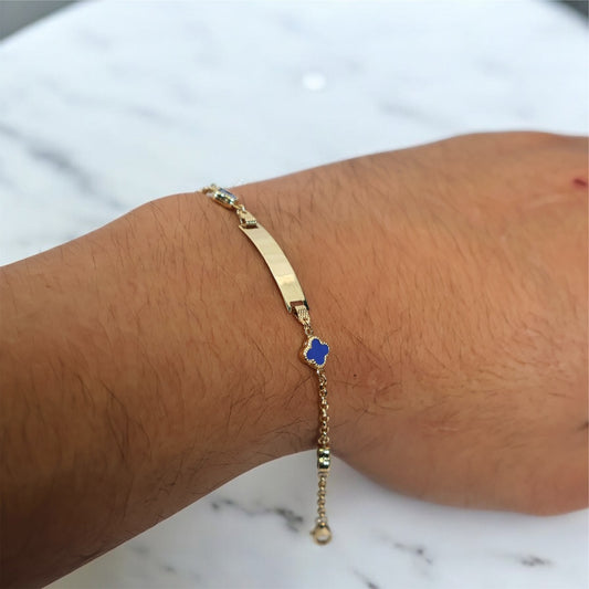 14K YG Baby Roll-on Name Plate With Blue Clover Bracelet / 2.31gr / 1.7mm / 6in