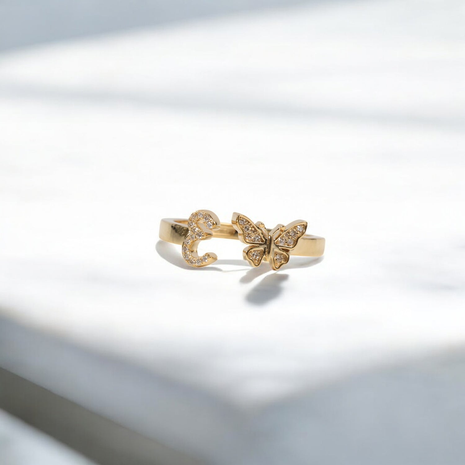 10K YG Diamond Butterfly - Letter E Rings / 2.21gr / Sz 7 / 0.07Wt Dia