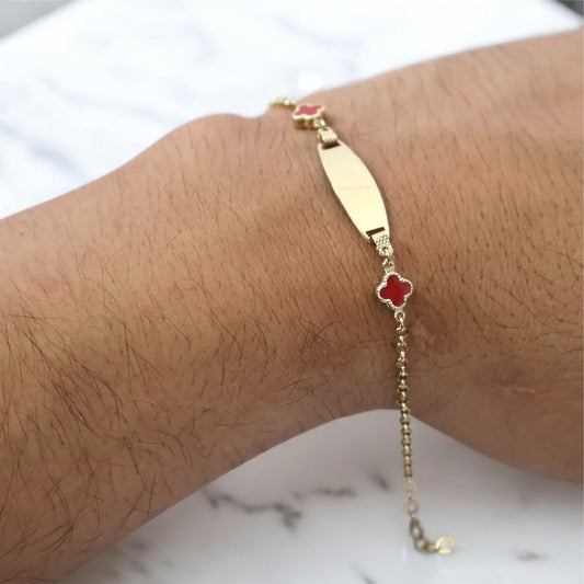 14K YG Baby Roll-on Name Plate With Red Clover Bracelet / 1.60gr / 1.63mm / 6in
