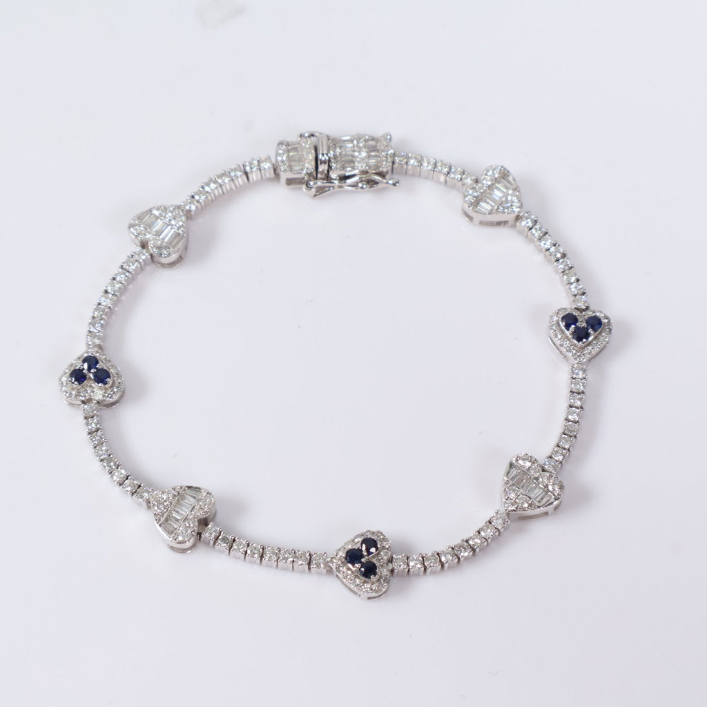 14K WG Diamond Heart-Tennis With Sapphire Bracelet / 12.6gr / 2.2mm / 7in / 2.85Ct / VS2-SI / G-H - 0.40Ct Sap