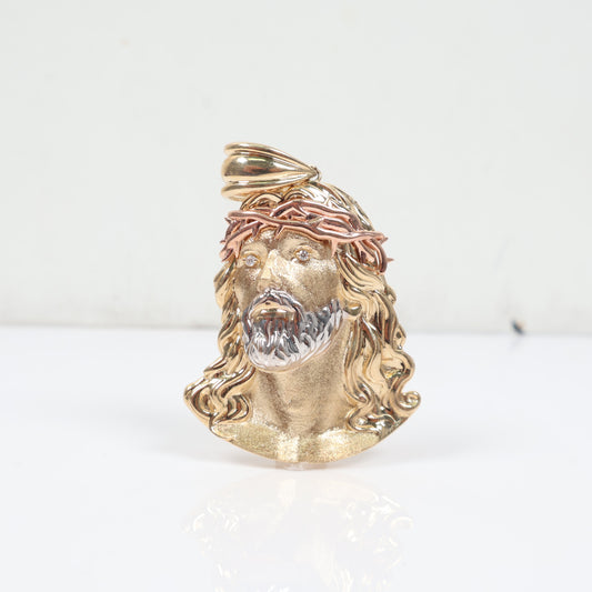 14K 3 Tone Big Jesus Face Pendant / 8.9gr / 1.6in / White Zircons