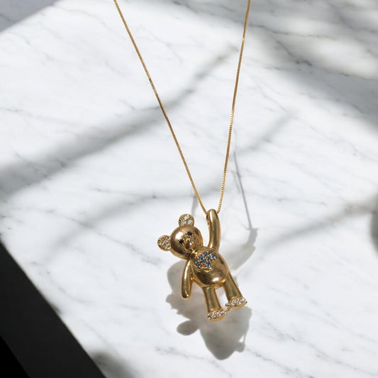 18K Yellow Gold Bear Jewelry Set With Blue/White Zircons / 3.7gr / 16in