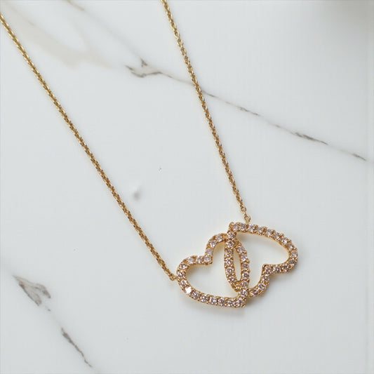 14K YG Diamond Double Heart Set Jewelry / 3.37gr / 1mm / 18in / D-0.50Ct