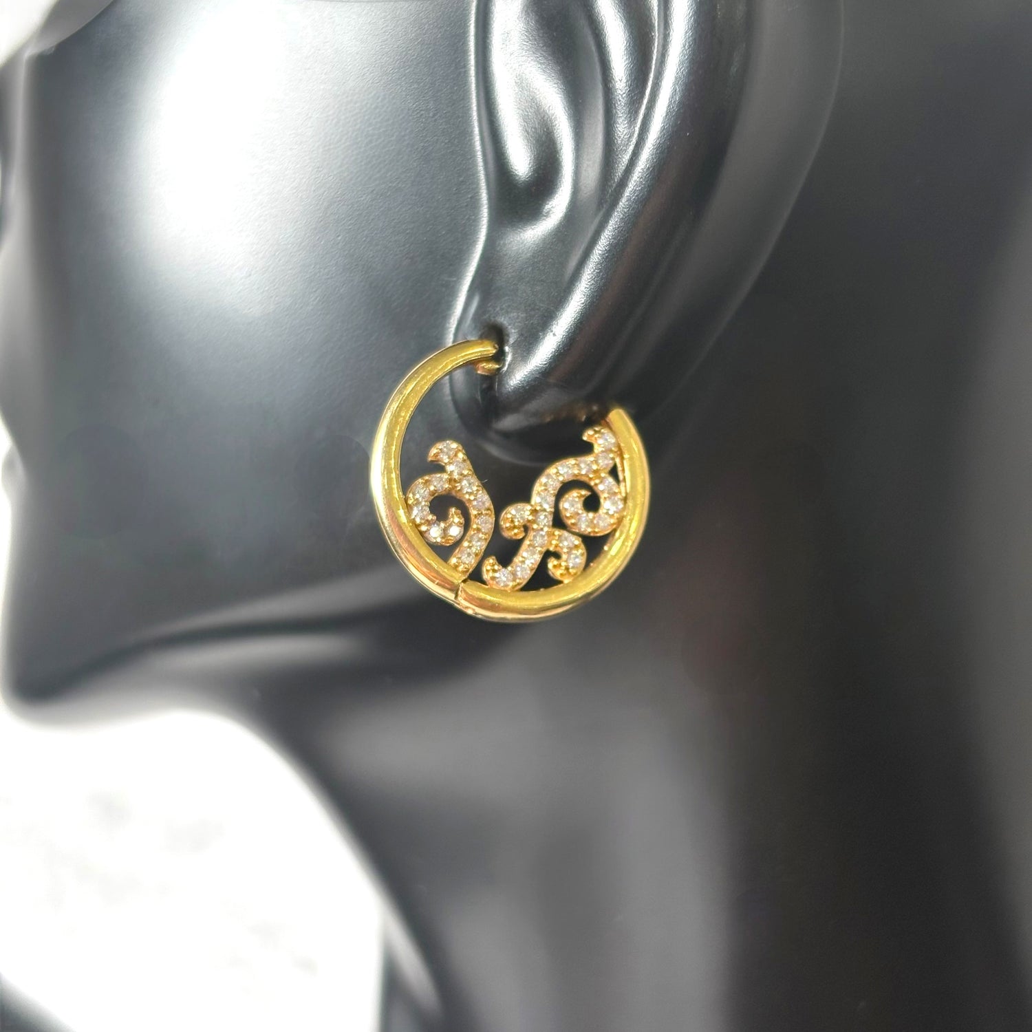 18K Yellow Gold Luxury Hoop Earrings With Zircons / 3.7gr