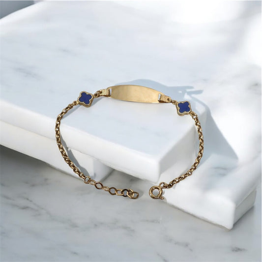 14K YG Baby Roll-on Name Plate With Blue Clover Bracelet / 1.70gr / 1.52mm / 6in