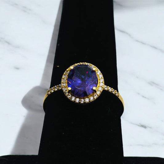 14K Yellow Gold Purplestone Ring With Zirconia / 2.9gr / Size 8.5