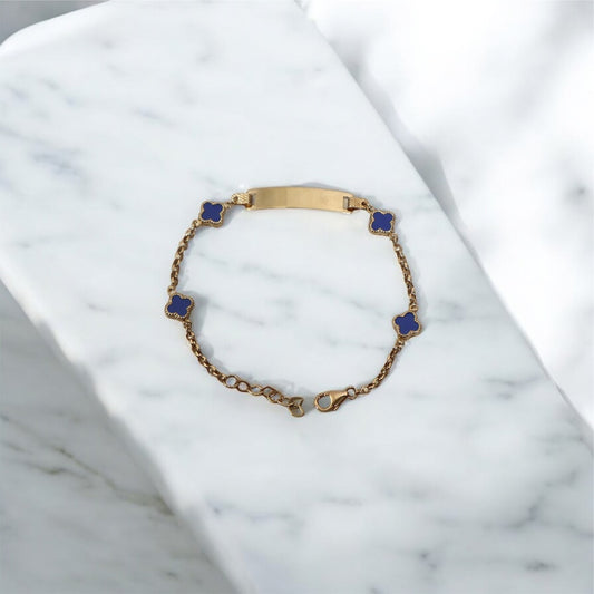 14K YG Baby Roll-on Name Plate With Blue Clover Bracelet / 2.31gr / 1.7mm / 6in