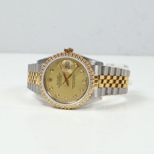 Rolex Datejust Two Tone Champagne Dia Dial - Diamond Bezel - Quick Set Watch / 36mm / Wt Dia