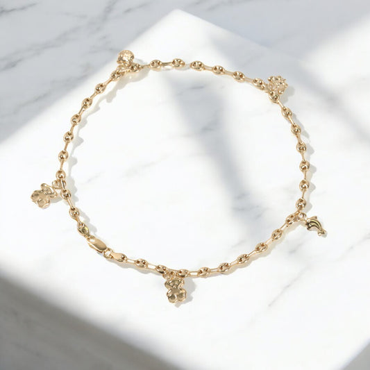 18K Yellow Gold Gc-Oso Ts-Cat-Butterfly-Dolphin Anklet / 4.6gr / 3.6mm / 10in