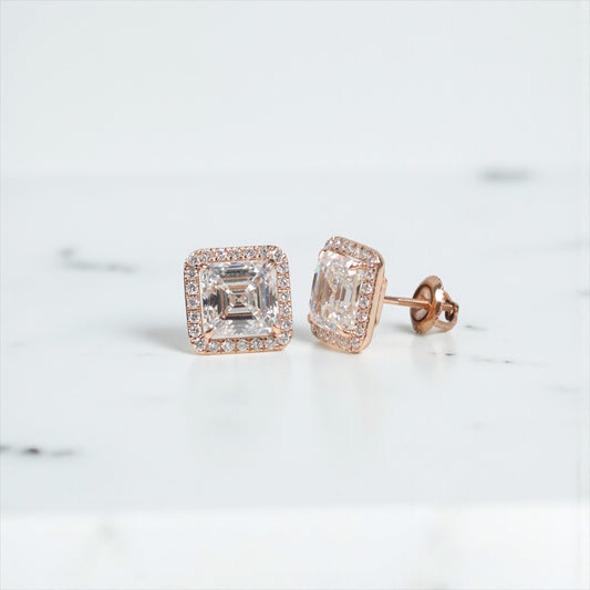 14K RG Lab Diamond Luxury Square With Certificate Stud Earrings / 3.78gr / 11mm / Lab As 3/09 / 3Ct - D 0.47Ct