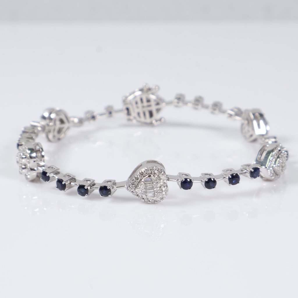 14K WG Diamond Heart With Sapphire Bracelet / 12.2gr / 2.5mm / 7in / 1.15Ct / VS2-SI / G-H / 1.00Ct Sapp