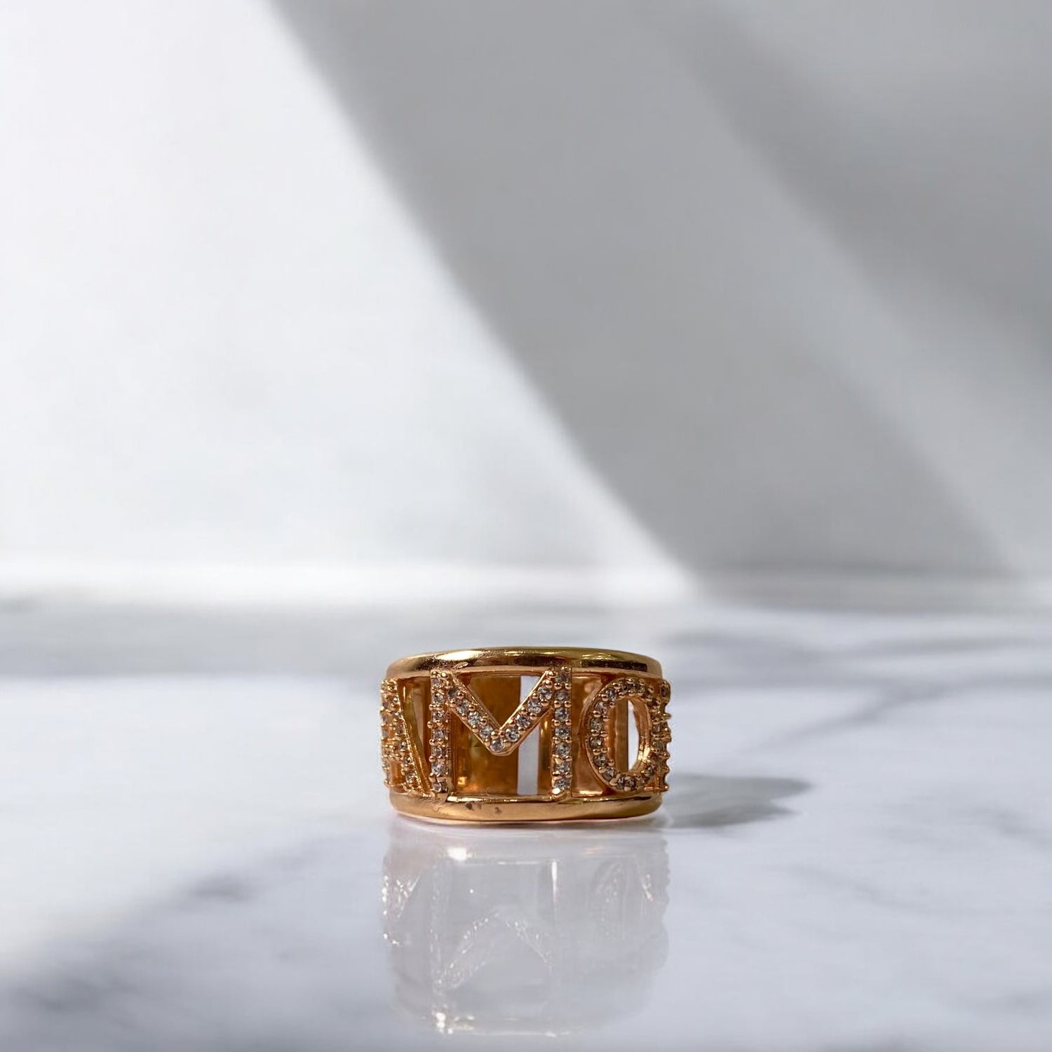 18K Rose Gold Amor Ring With Zircons / 7.5gr / Size 6