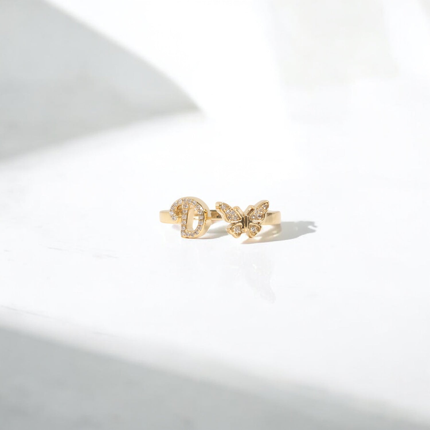 10K YG Diamond Butterfly - Letter D Rings / 2.4gr / Sz 7 / 0.1Wt Dia
