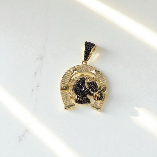 14K YG Horseshoe Pendant / 6.1gr / 1.5in / Black/Fucshia Zircons