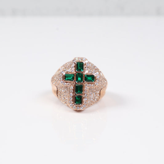 10K RG Diamond Cross With Emerald Rings / 9.6gr / Sz 10 / D-2.05Ct / E-1.75