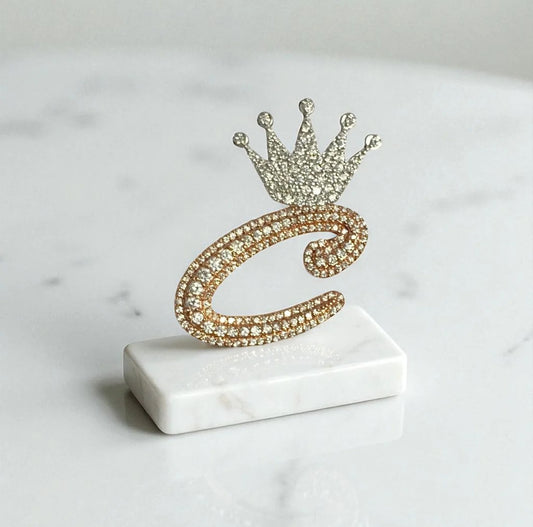 14K Rose-White Gold Letter C With Crown Pendant Ct Dia / 8.3gr / 1.4in