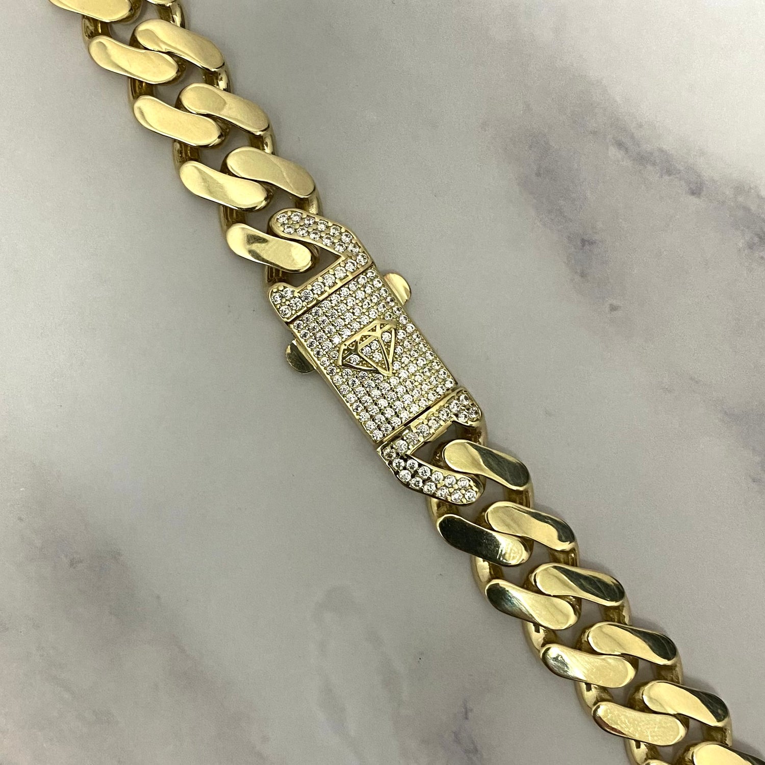14K Yellow Gold Monaco Cuban Link Chain With Zircons / 50.3gr / 13.4mm / 18in