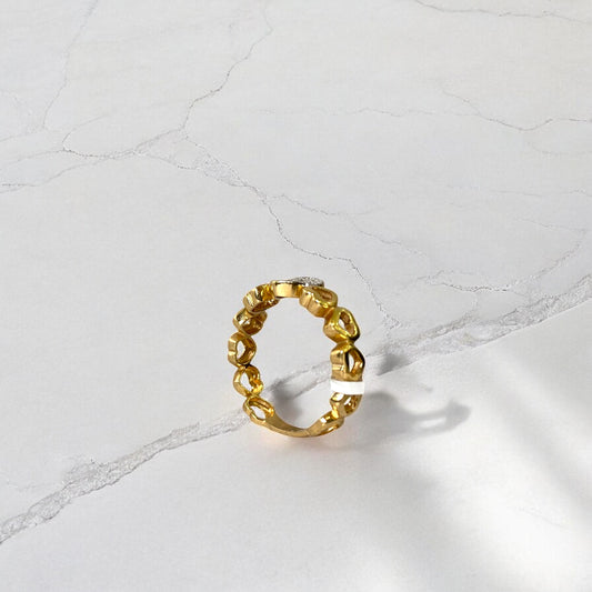18K Yellow Gold Hearts Necklace Ring With Zircons / 2.6gr / Size 7 1/4